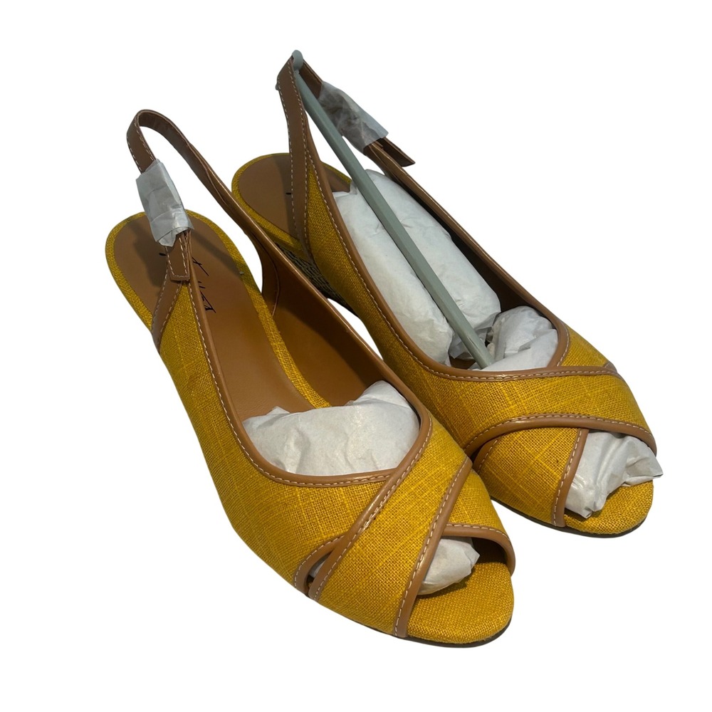 Trotters Womens Yellow Linen Peep Toe‎ Slingback Wedge Sandals Size 8.5M